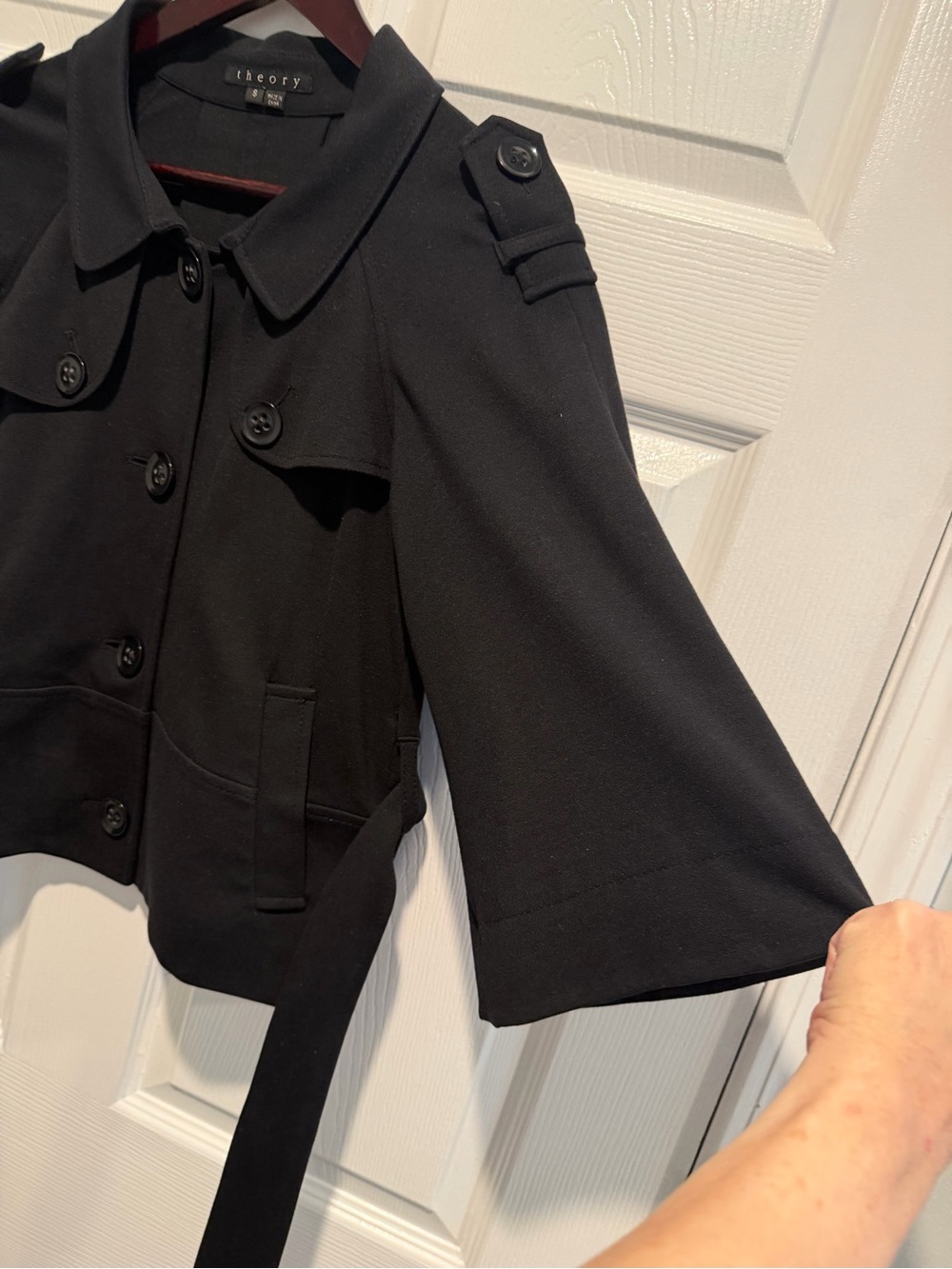 Theory Black Cropped Trench Coat with Belt - Picture 5 of 9